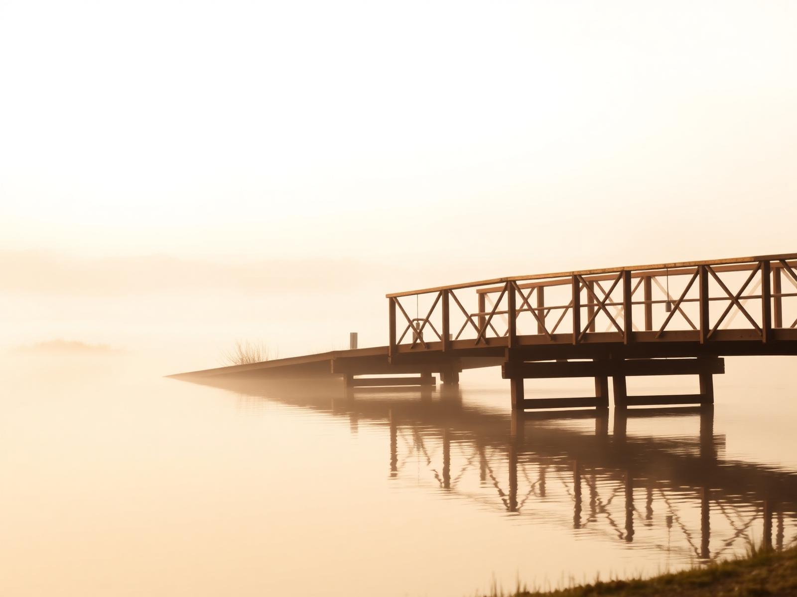 Houten brug over een rustig water bij zonsopkomst, symbool voor herstel
